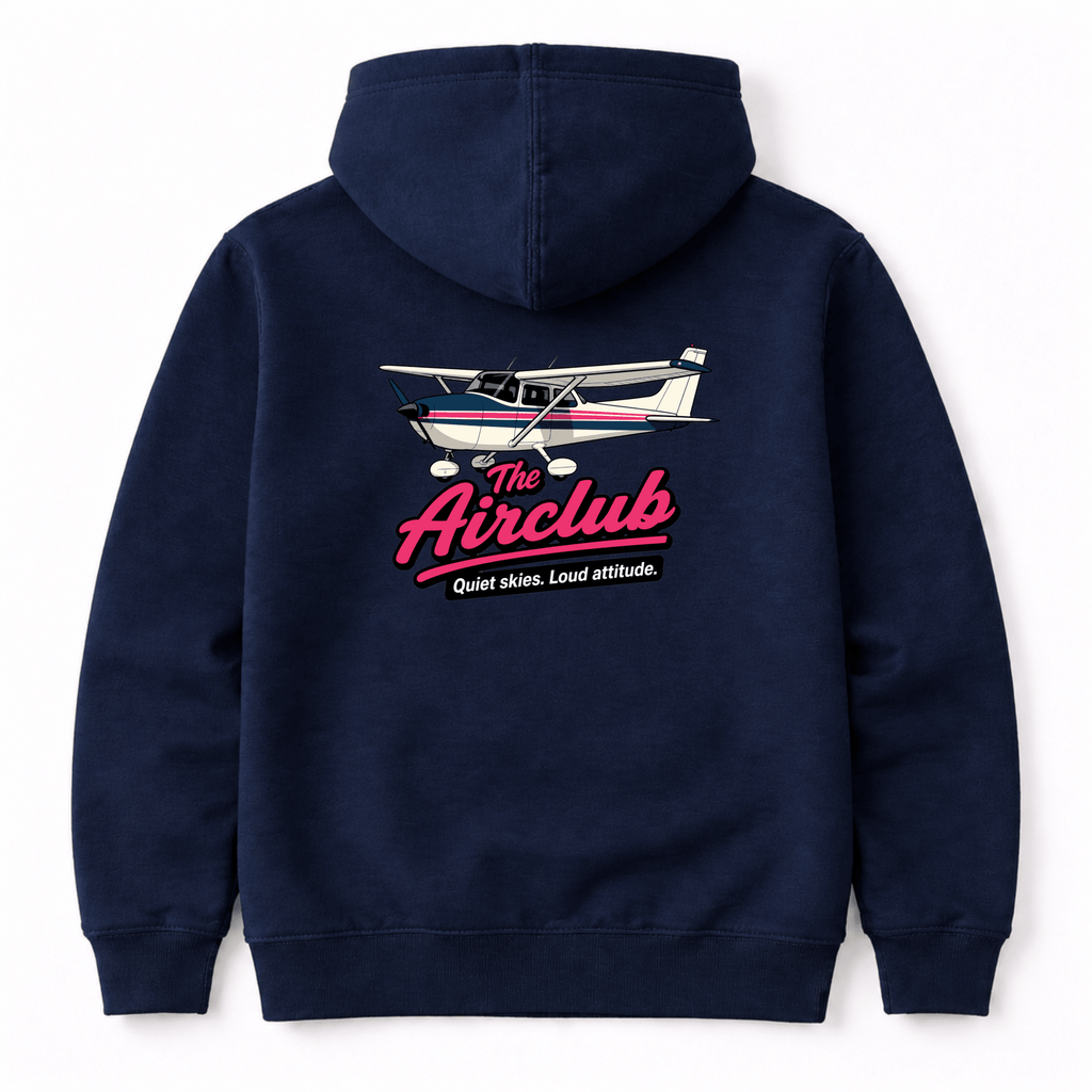 Navy blue hoodie with airplane graphic and 'The Airclub' text on a white background