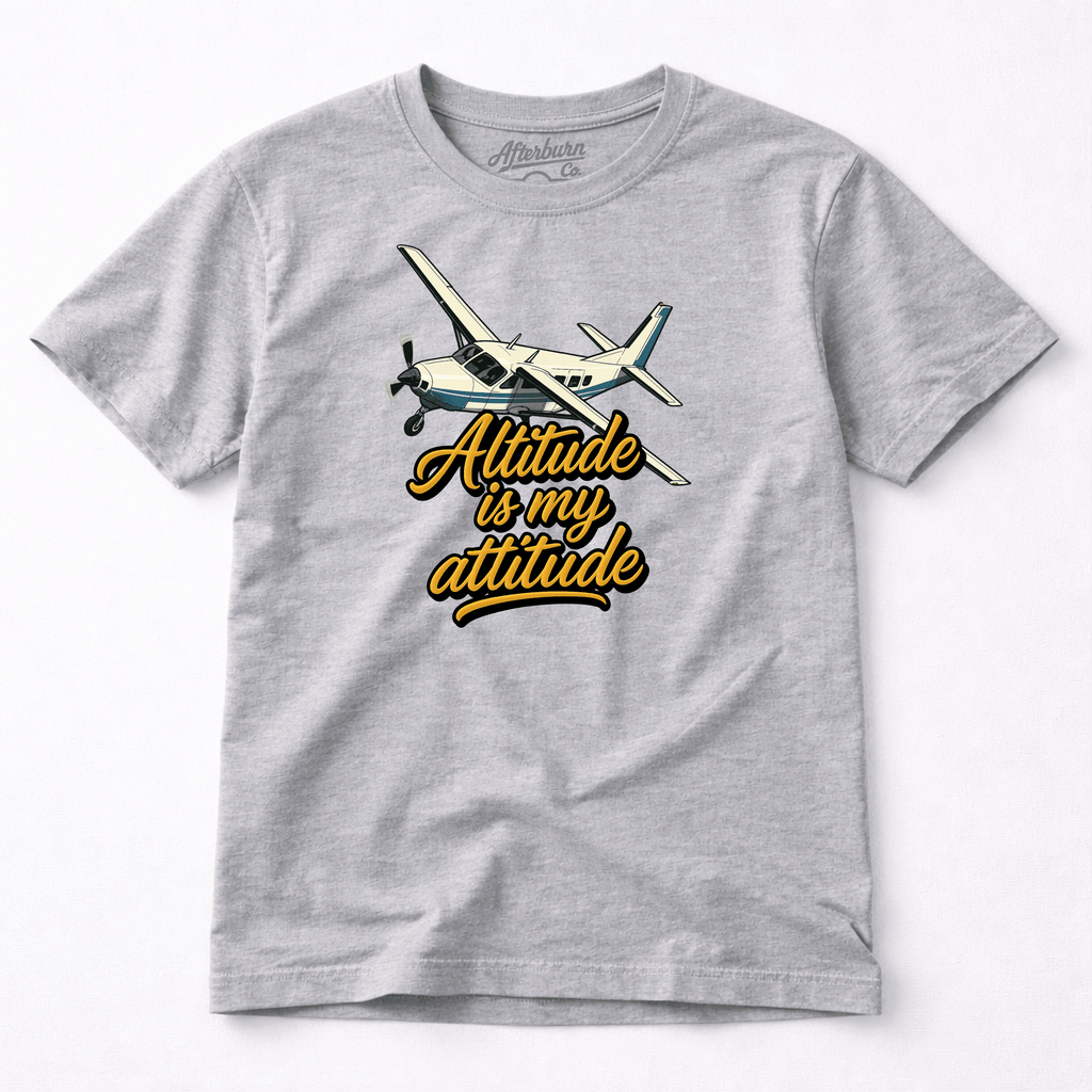 Gray t-shirt with airplane graphic and 'Altitude is my attitude' text on a white background