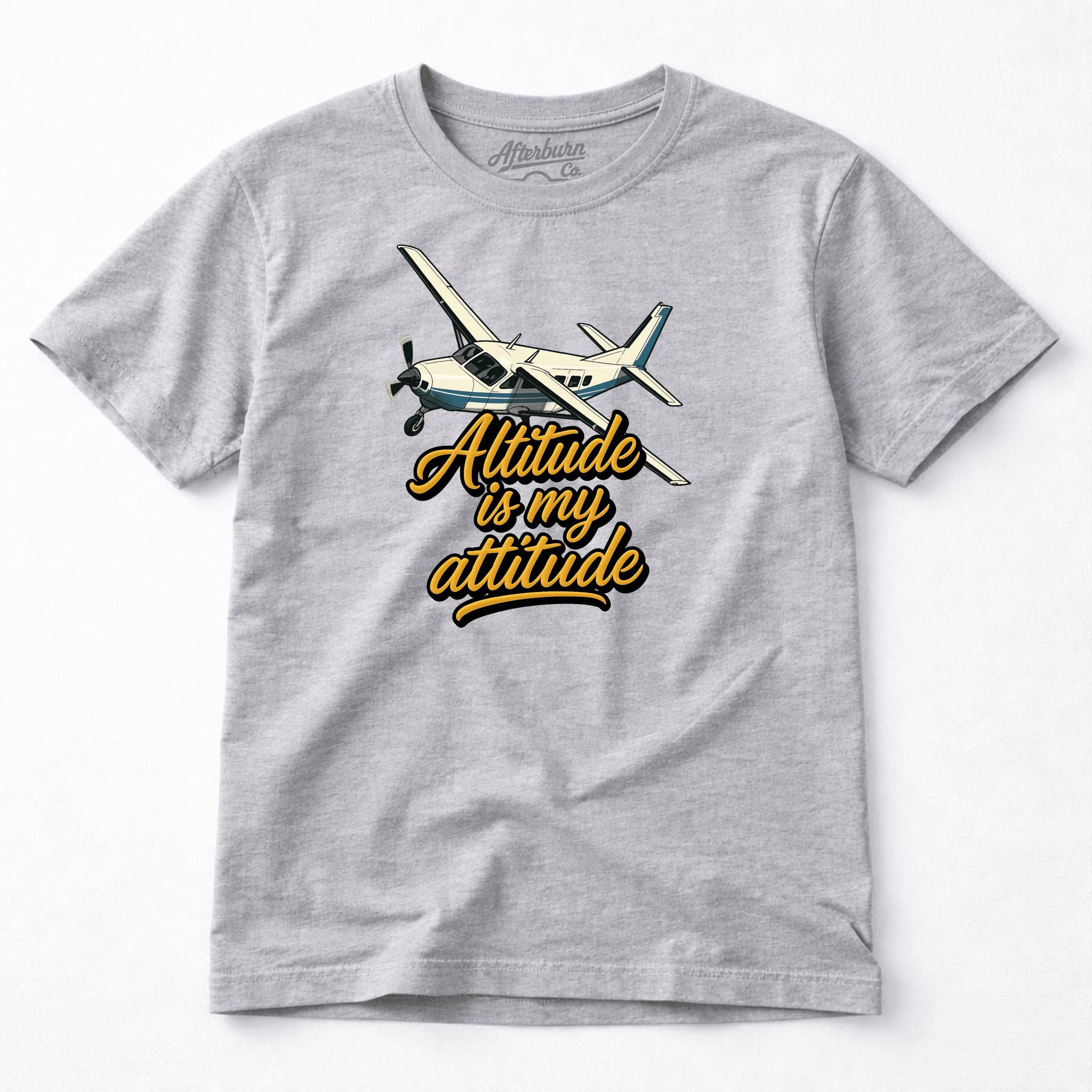 Gray t-shirt with airplane graphic and 'Altitude is my attitude' text on a white background