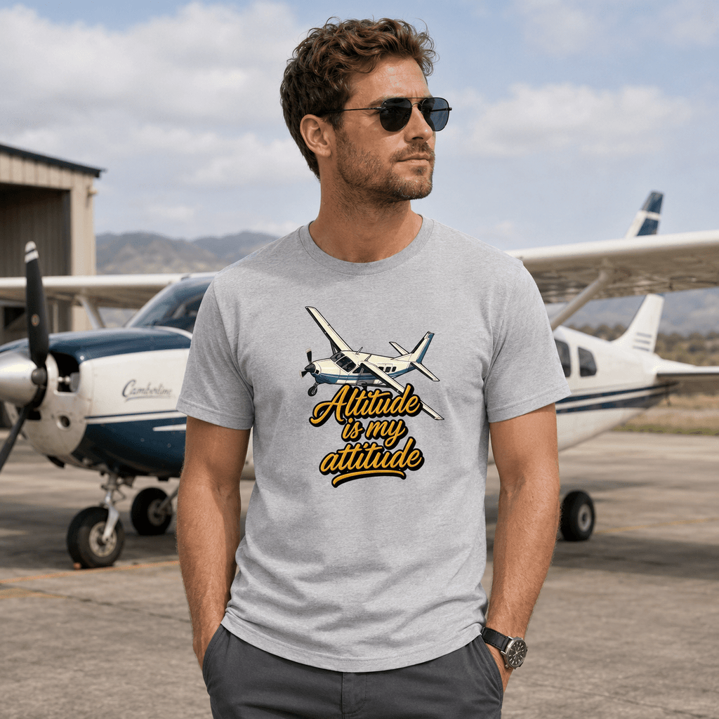 Man wearing a t-shirt with an airplane graphic and 'Altitude is my attitude' text, standing in front of a small airplane.