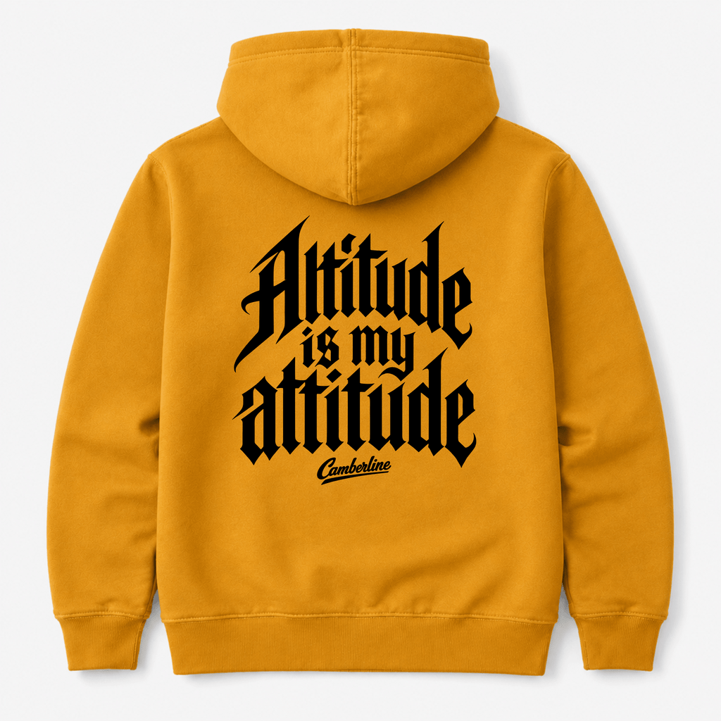 Mustard Camberline aviation hoodie with black Altitude Is My Attitude gothic back print