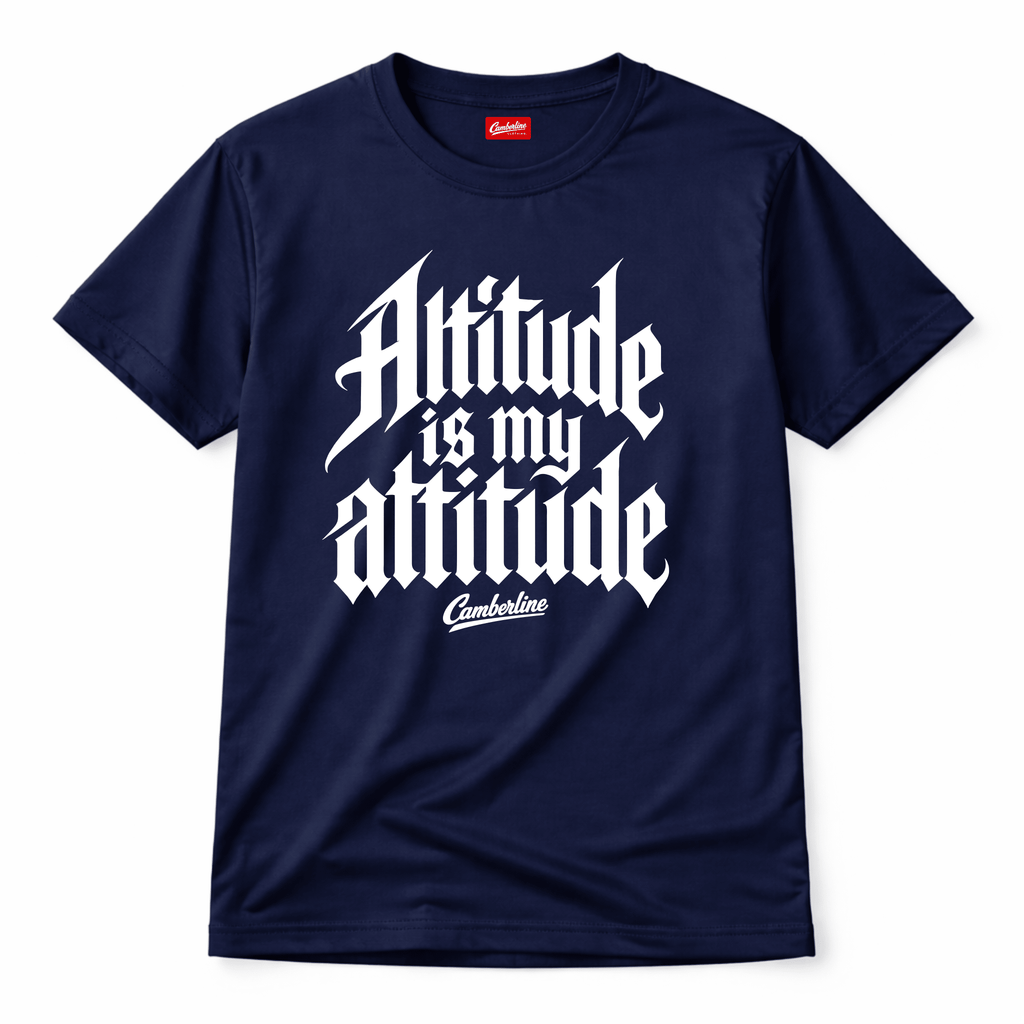 Navy blue t-shirt with 'Altitude is my attitude' text on a white background