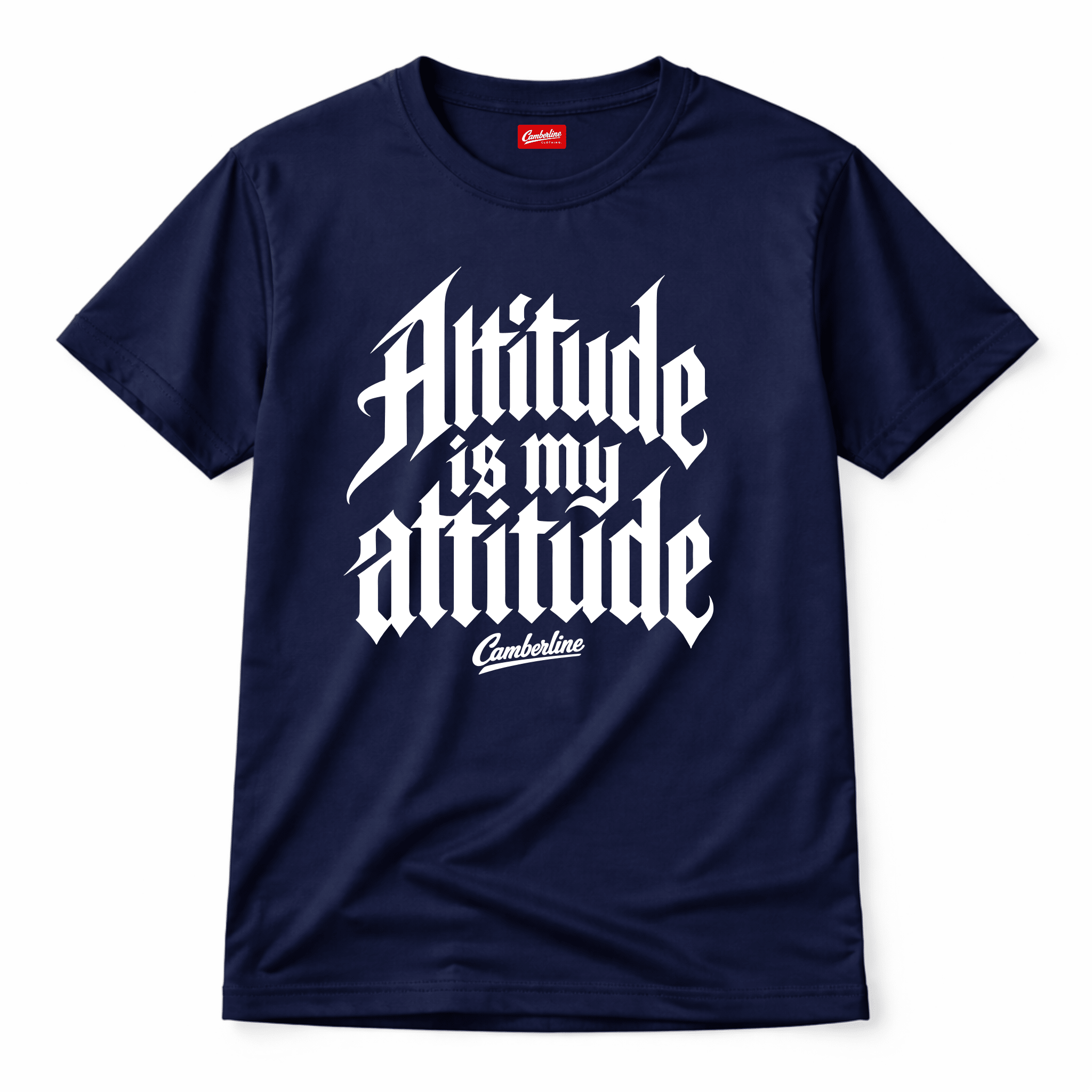 Navy blue t-shirt with 'Altitude is my attitude' text on a white background