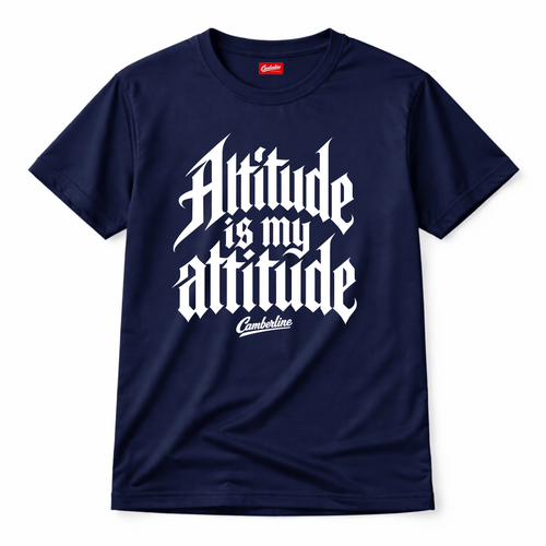 Navy blue t-shirt with 'Altitude is my attitude' text on a white background