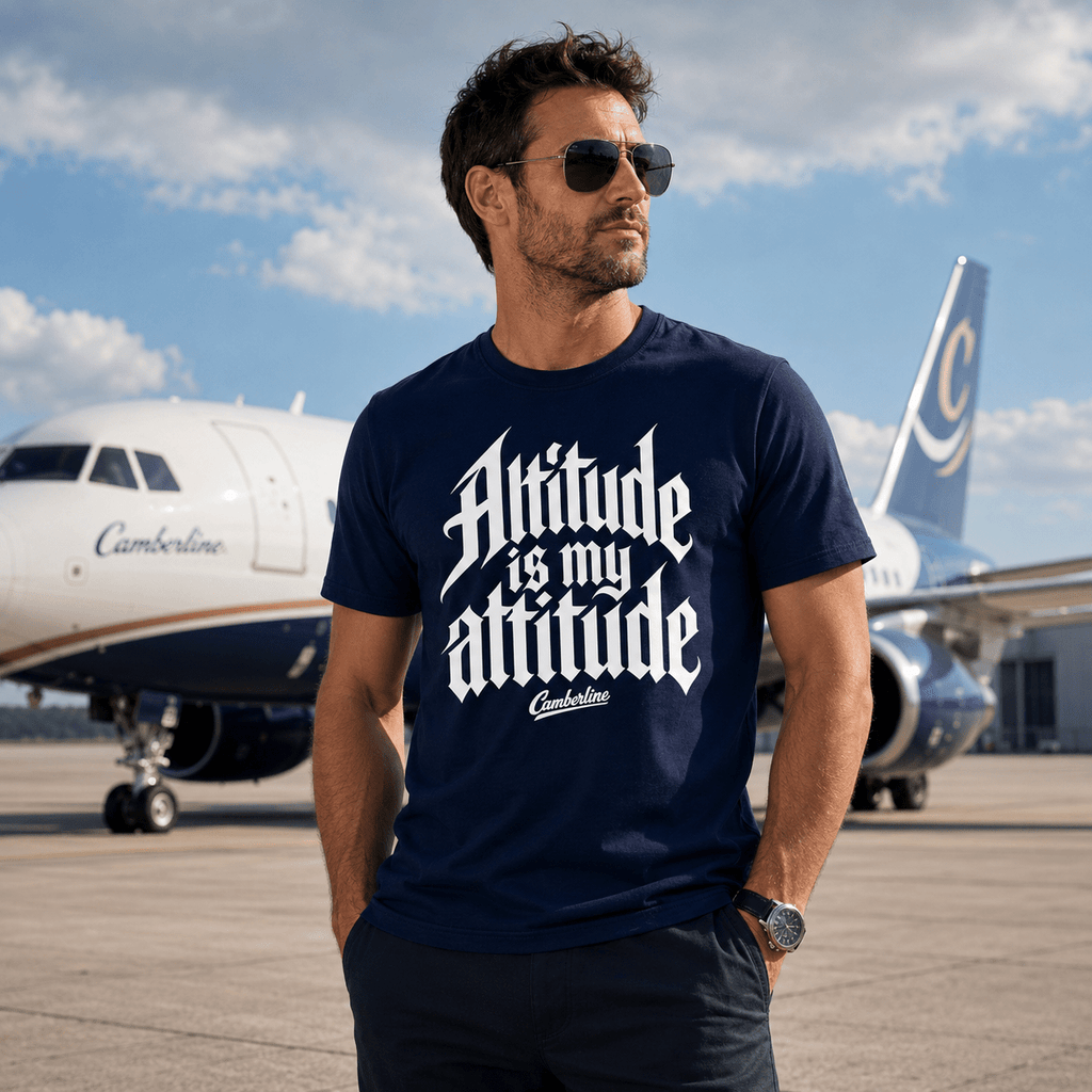 Man wearing a navy blue t-shirt with 'Attitude is my attitude' text, standing in front of an airplane.