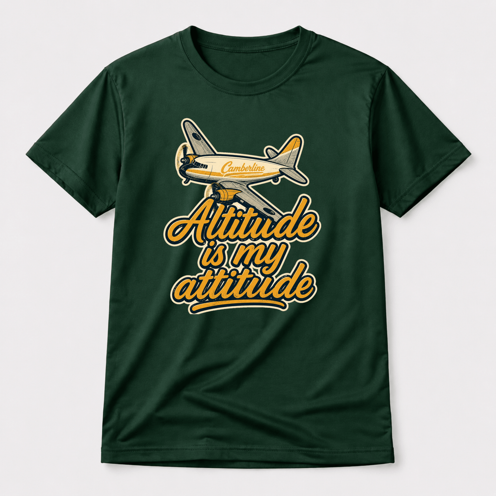 Green t-shirt with airplane graphic and 'Attitude is my attitude' text on a white background