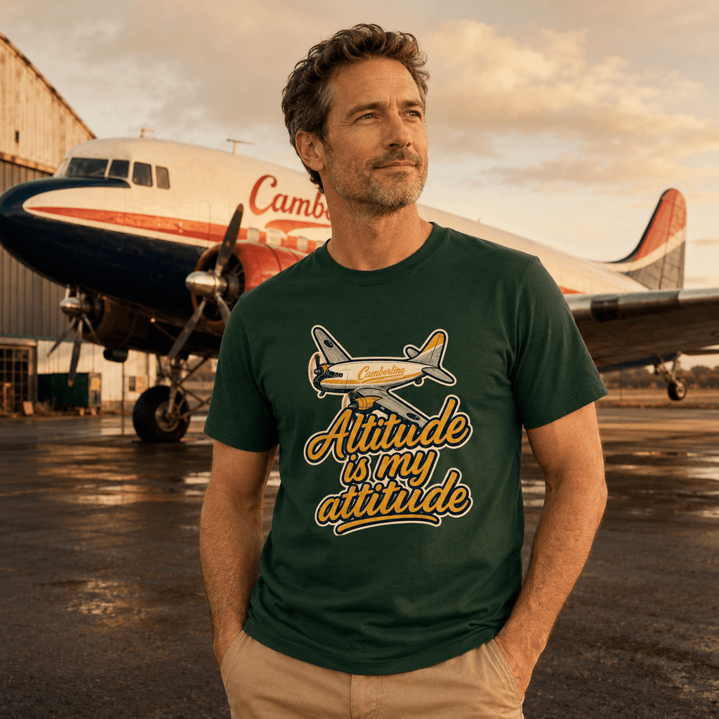 Man wearing a green t-shirt with an airplane graphic and text, standing in front of a vintage airplane.