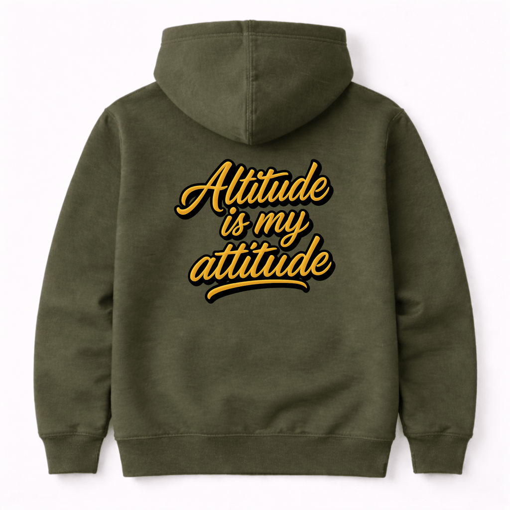Green hoodie with 'Altitude is my attitude' text on the back against a white background