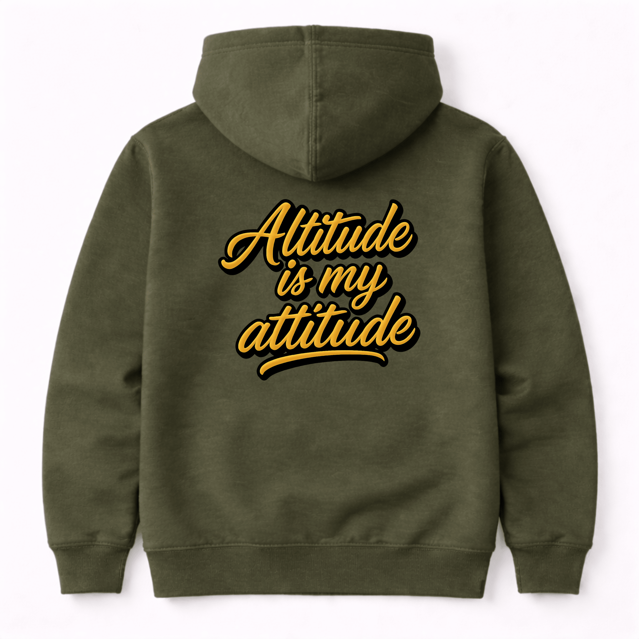 Green hoodie with 'Altitude is my attitude' text on the back against a white background