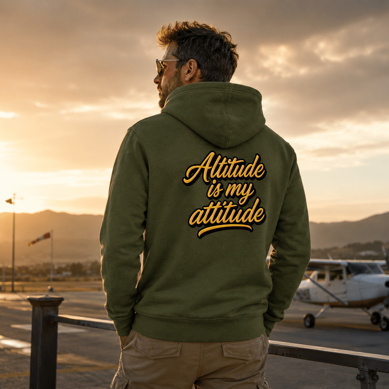 Man wearing a hoodie with 'Altitude is my attitude' text at an airport during sunset.