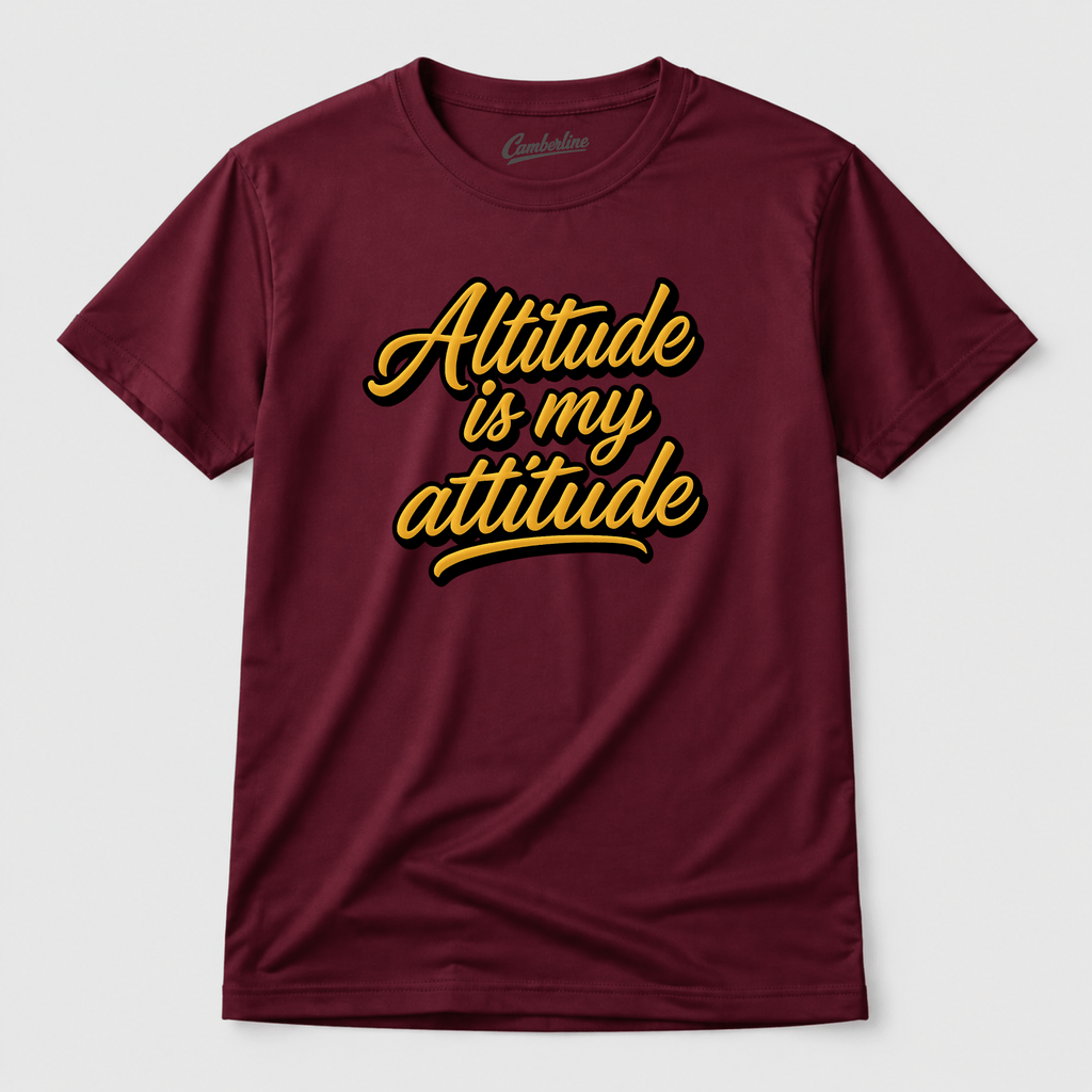 Maroon t-shirt with yellow text 'Altitude is my attitude' on a white background