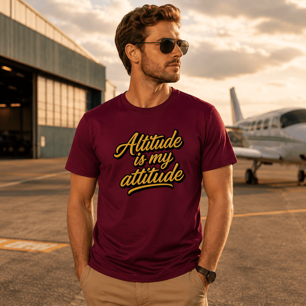 Man wearing a maroon t-shirt with 'Altitude is my attitude' text at an airport.