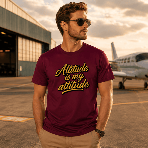Man wearing a maroon t-shirt with 'Altitude is my attitude' text at an airport.