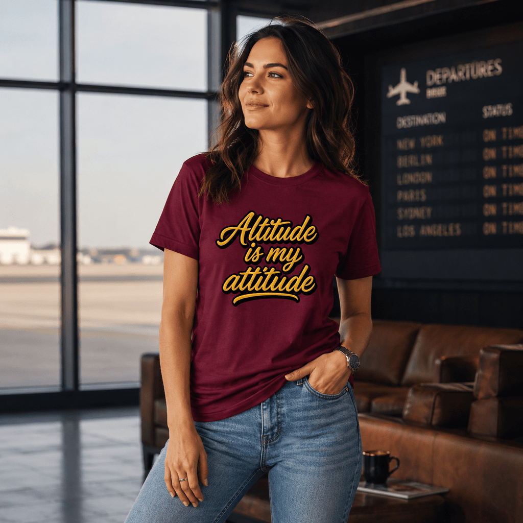 Woman wearing a maroon t-shirt with 'Altitude is my attitude' text in an airport lounge.