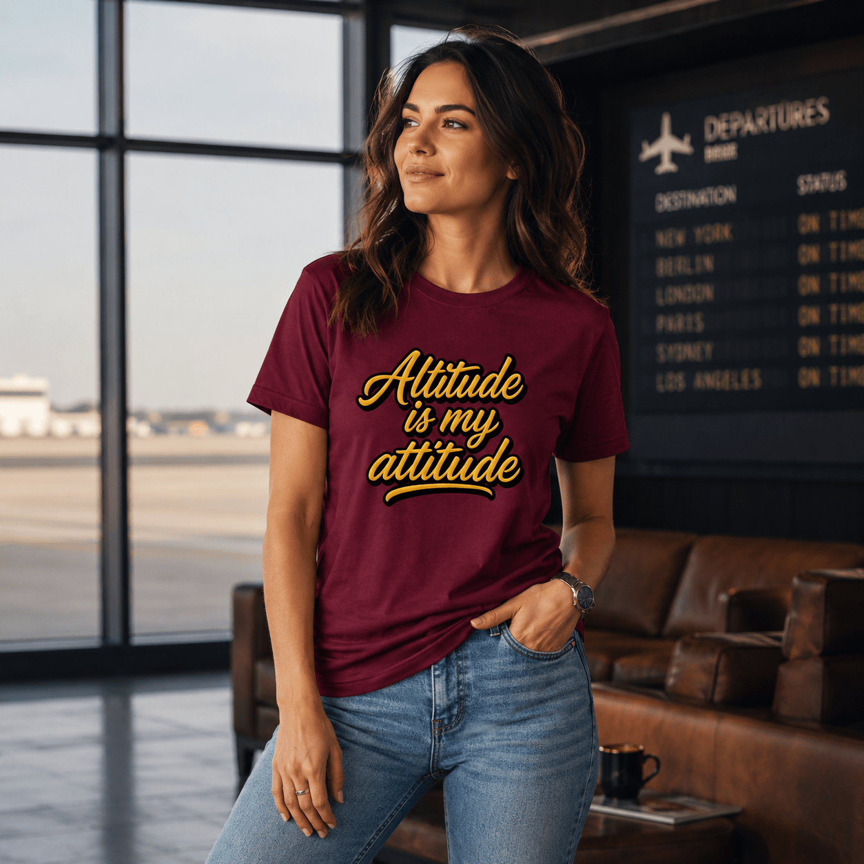 Woman wearing a maroon t-shirt with 'Altitude is my attitude' text in an airport lounge.
