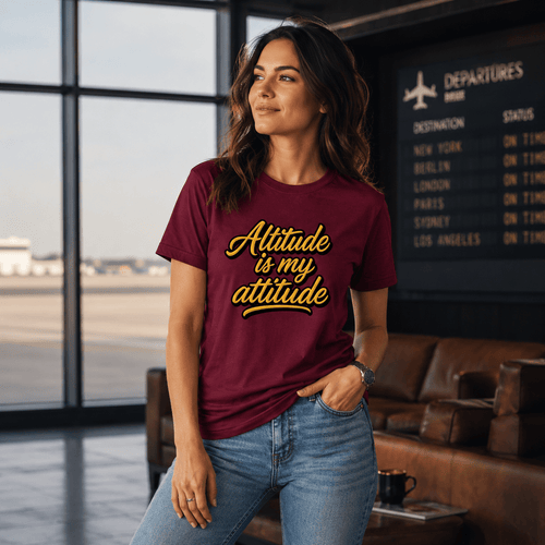 Woman wearing a maroon t-shirt with 'Altitude is my attitude' text in an airport lounge.