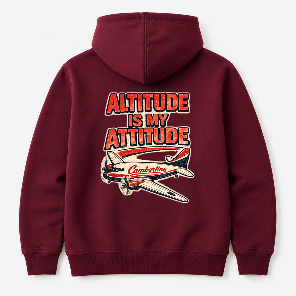 Maroon hoodie with 'Altitude is My Attitude' text and airplane graphic on a white background