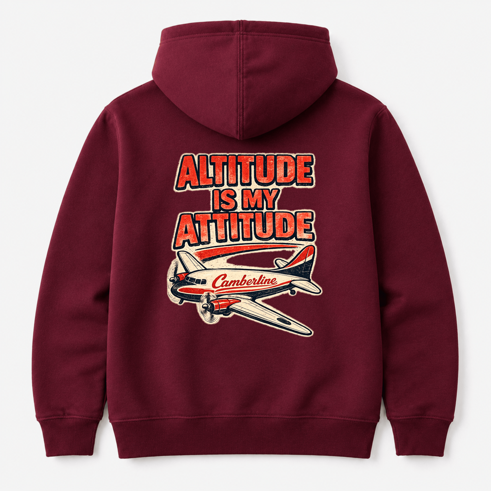 Maroon hoodie with 'Altitude is My Attitude' text and airplane graphic on a white background