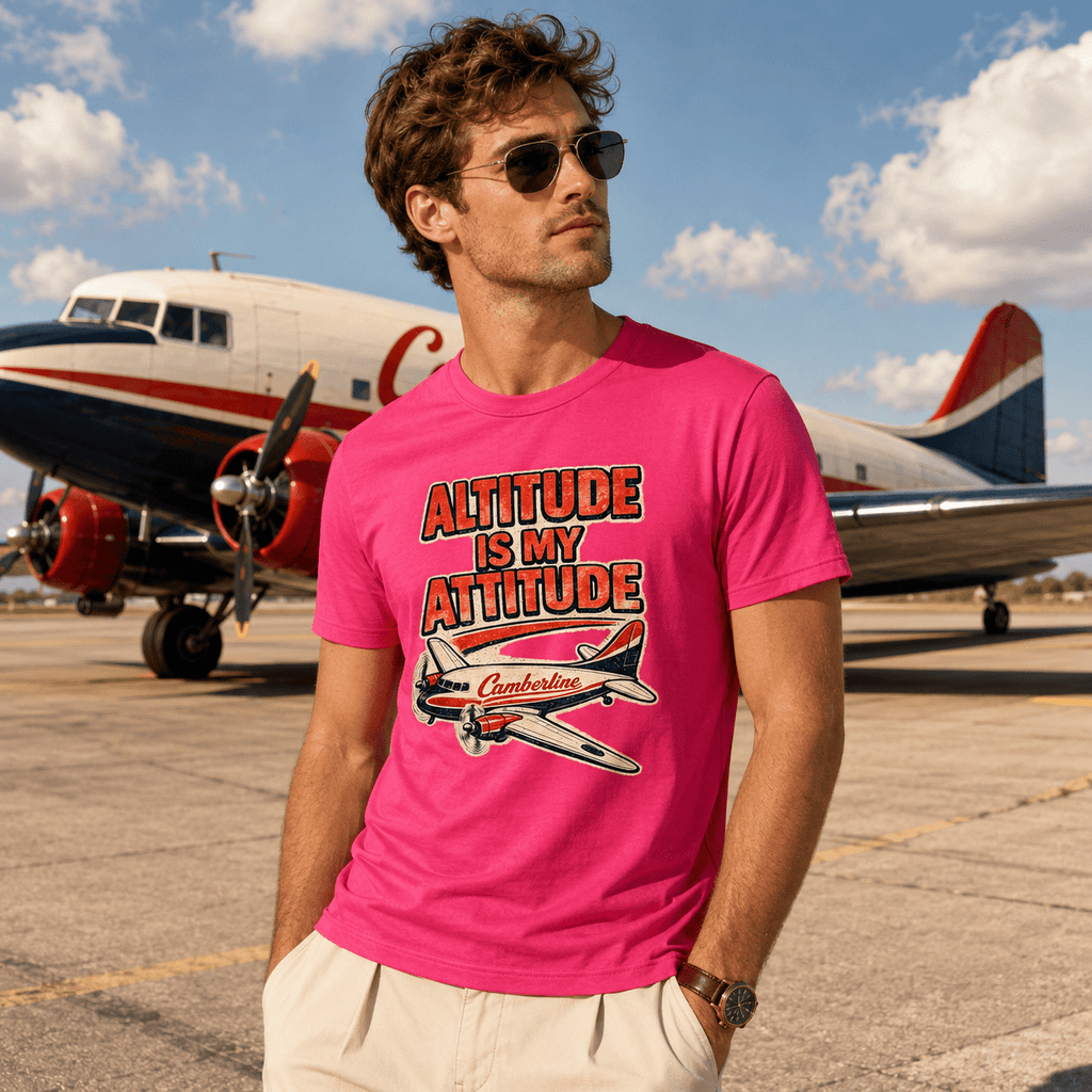 Man wearing a pink t-shirt with an airplane graphic and text, standing in front of a vintage airplane on a runway.