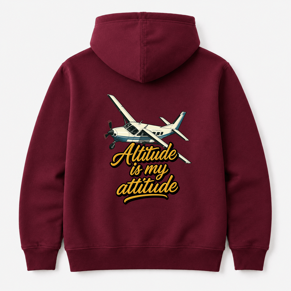 Burgundy hoodie with airplane graphic and 'Altitude is my attitude' text on a white background