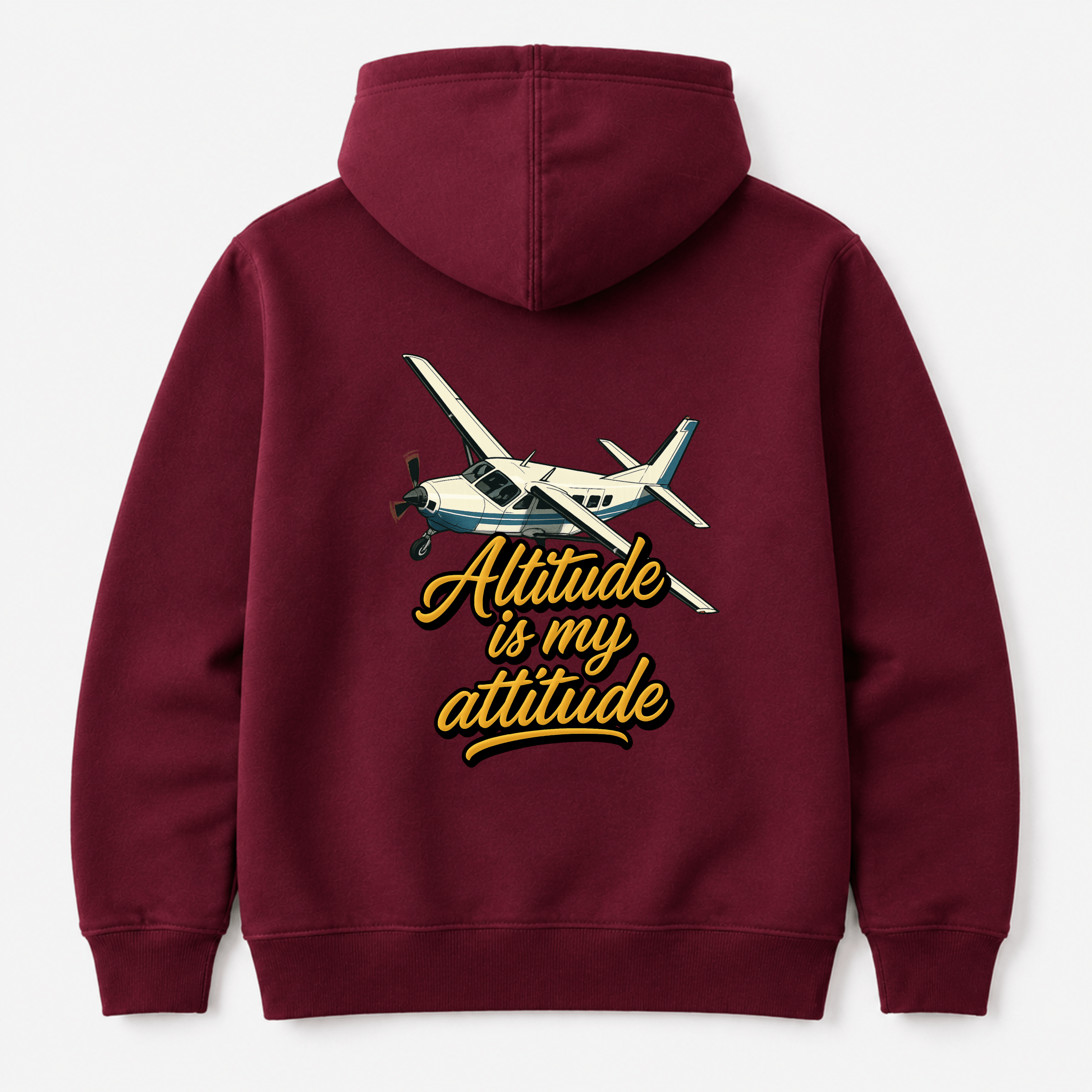 Burgundy hoodie with airplane graphic and 'Altitude is my attitude' text on a white background