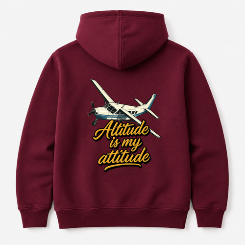 Burgundy hoodie with airplane graphic and 'Altitude is my attitude' text on a white background