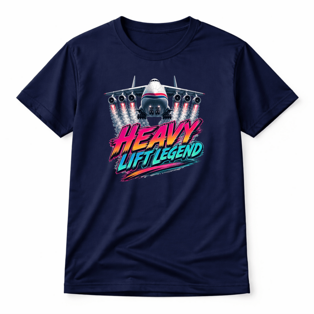 Navy blue t-shirt with airplane graphic and 'Heavy Lift Legend' text on a white background