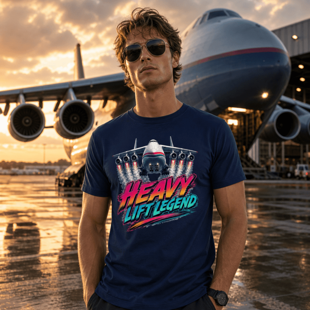 Person wearing a 'Heavy Lift Legend' t-shirt with an airplane graphic, standing in front of a large aircraft at sunset.