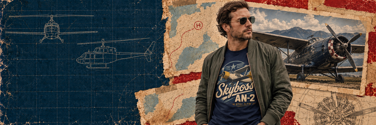 A man wearing a dark olive green bomber jacket and sunglasses stands in front of a vintage-style collage background featuring blue helicopter schematics, a map, and a biplane photo. He is wearing a blue t-shirt with 'Skyboss AN-2' printed on it.