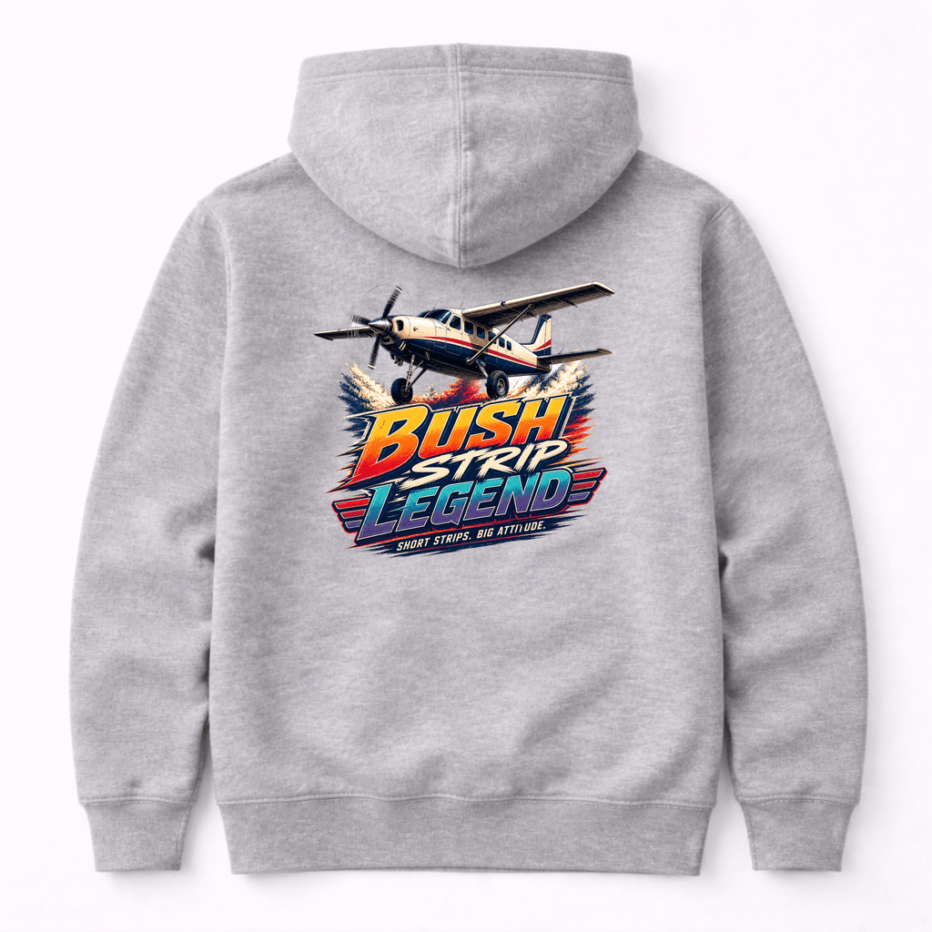 Gray hoodie with 'Bush Strip Legend' graphic on the back