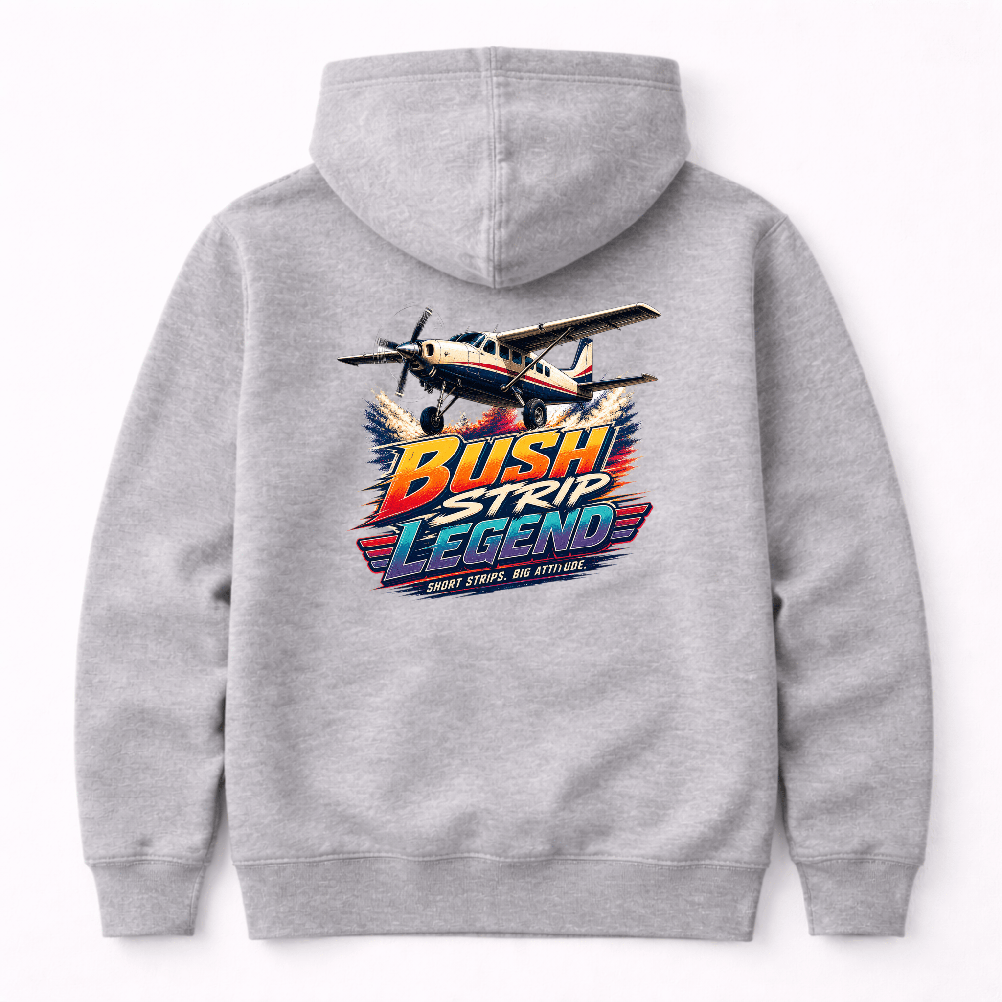 Gray hoodie with 'Bush Strip Legend' graphic on the back