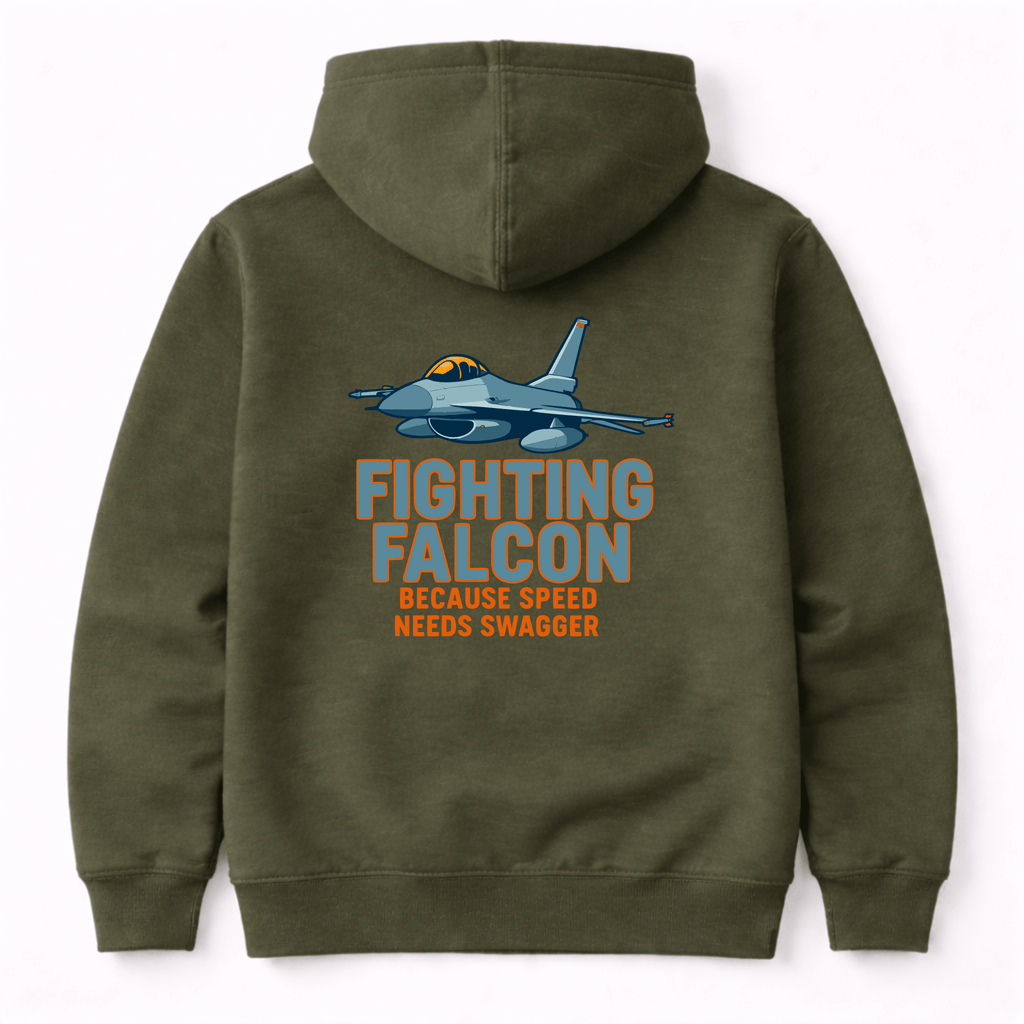 Green hoodie with 'Fighting Falcon' graphic and text on a white background