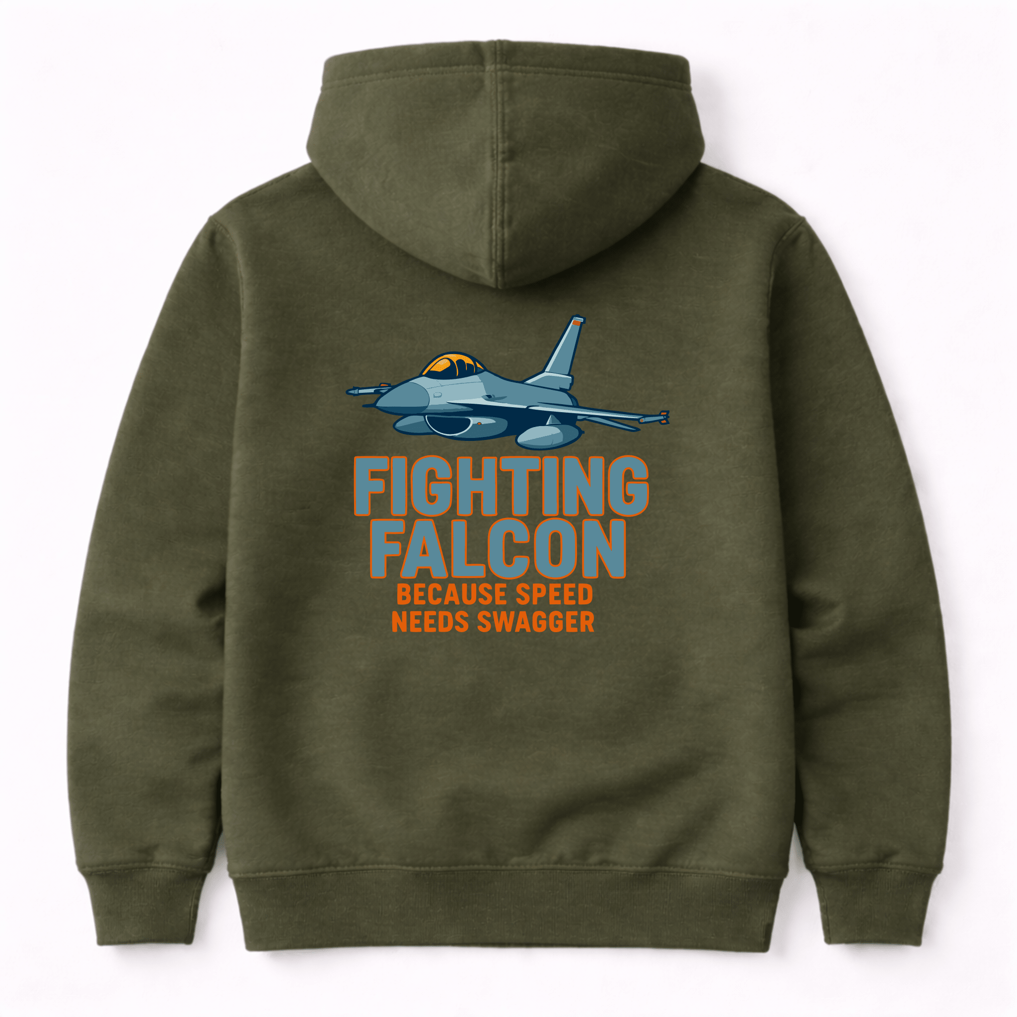 Green hoodie with 'Fighting Falcon' graphic and text on a white background