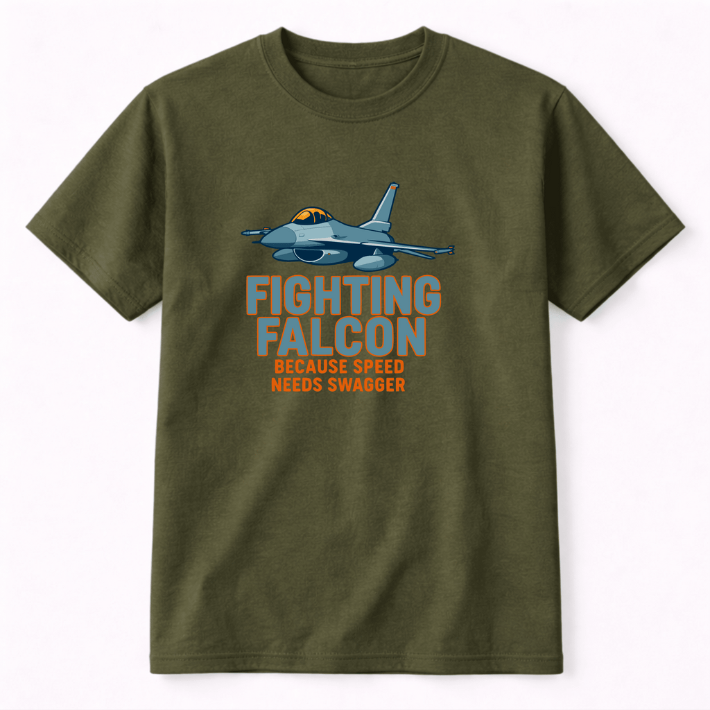 Military green Camberline t-shirt featuring a fighting falcon jet graphic and aviation typography.