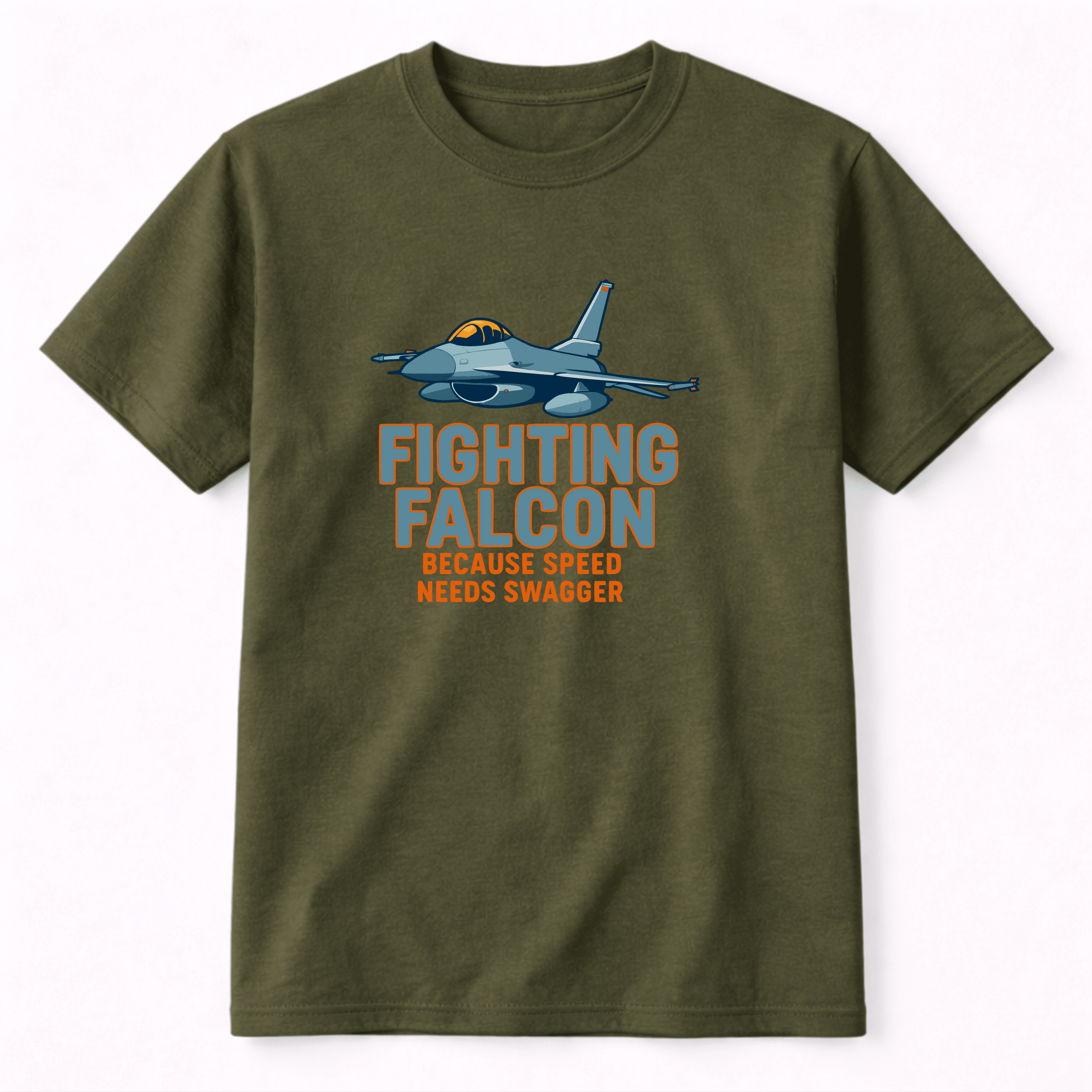 Military green Camberline t-shirt featuring a fighting falcon jet graphic and aviation typography.