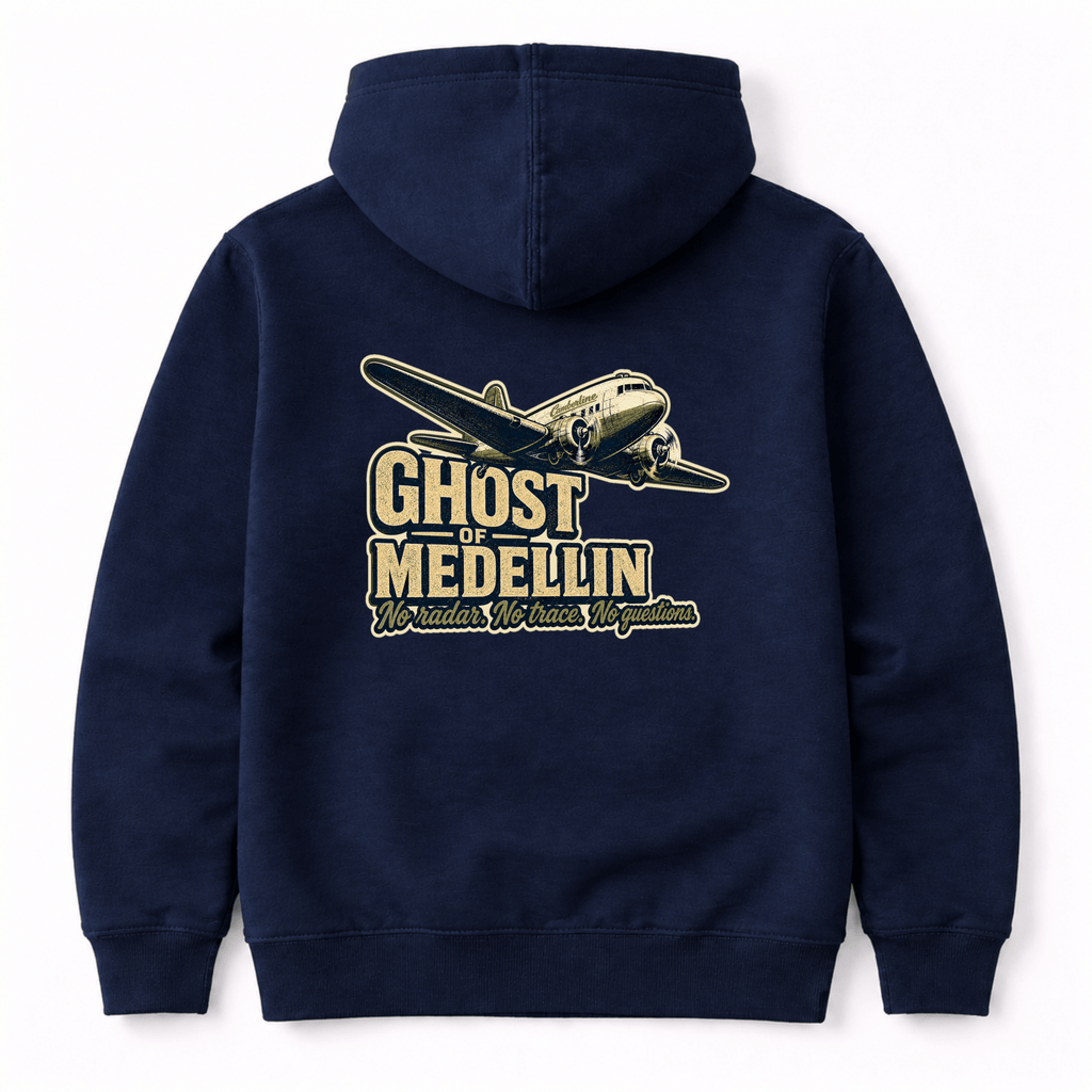 Navy blue hoodie with 'Ghost of Medellin' graphic on the back against a white background