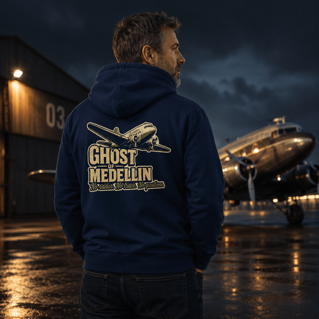 Man wearing a hoodie with 'Ghost of Medellin' design, standing in front of an airplane at night.