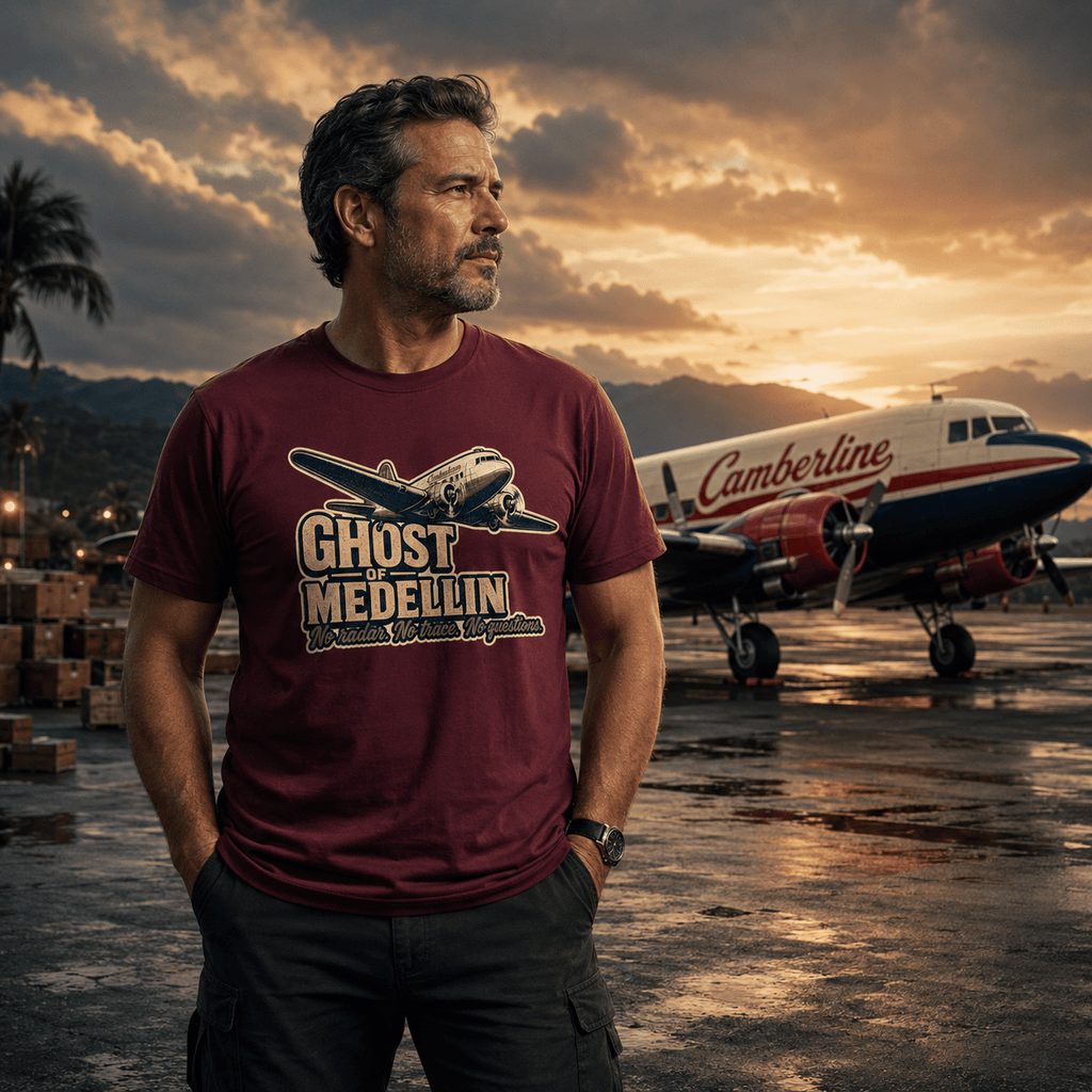 Man wearing a 'Ghost of Medellin' t-shirt standing in front of an airplane on a runway with a sunset sky.
