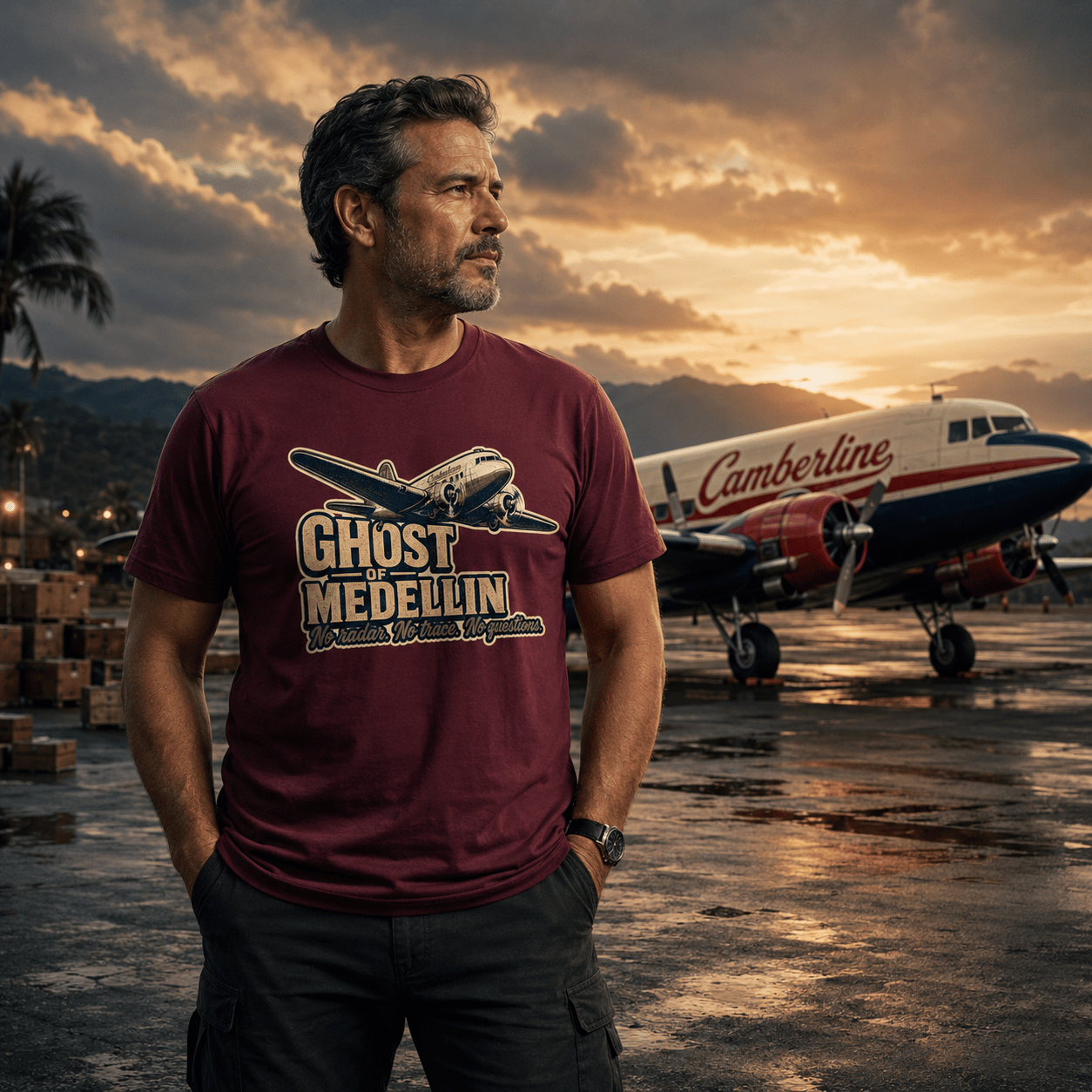 Man wearing a 'Ghost of Medellin' t-shirt standing in front of an airplane on a runway with a sunset sky.