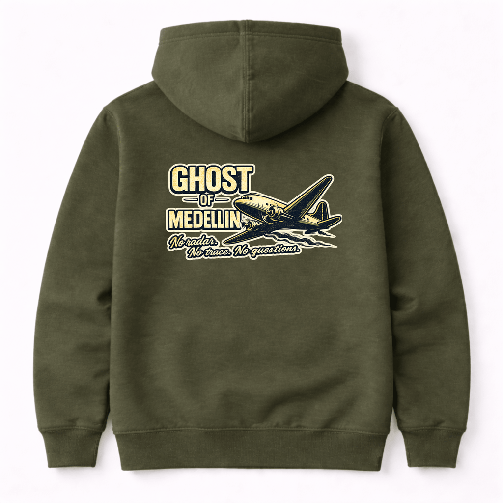 Green hoodie with 'Ghost of Medellin' graphic on the back