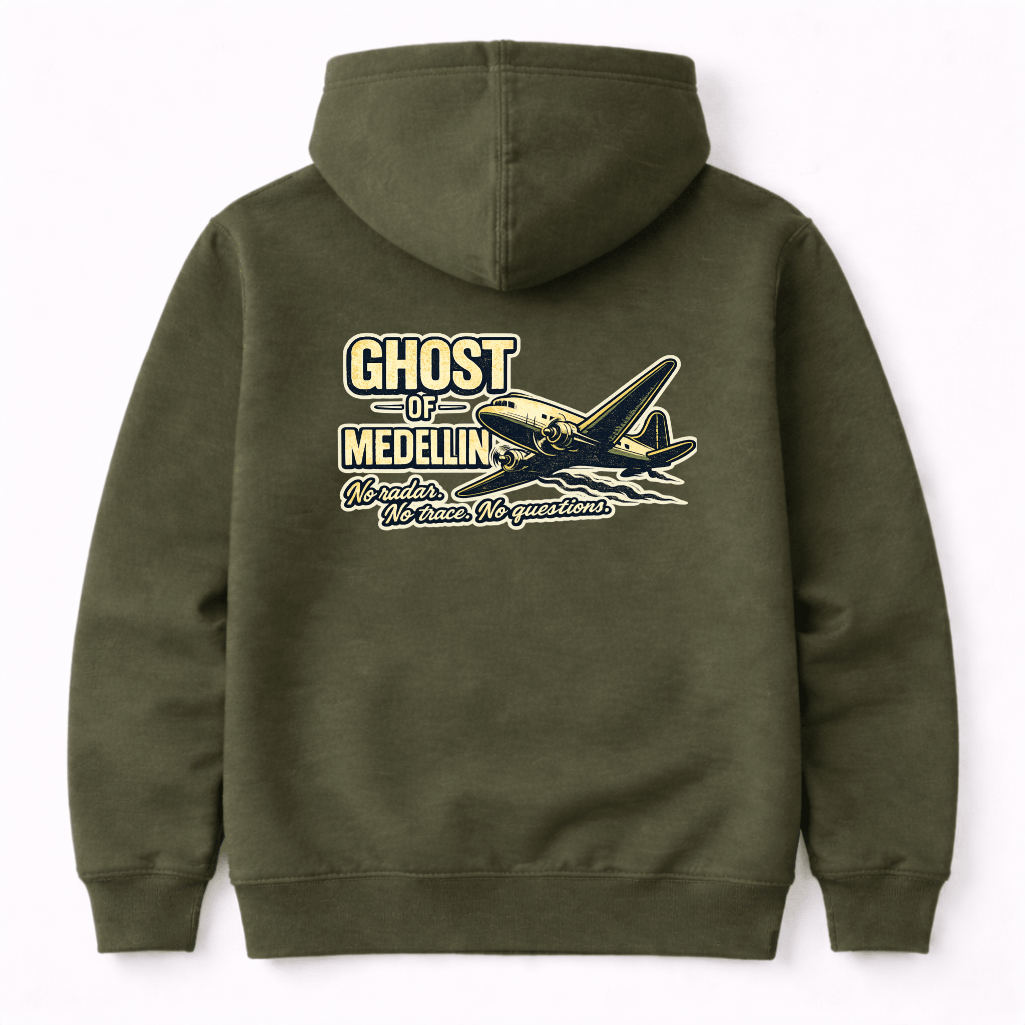 Green hoodie with 'Ghost of Medellin' graphic on the back