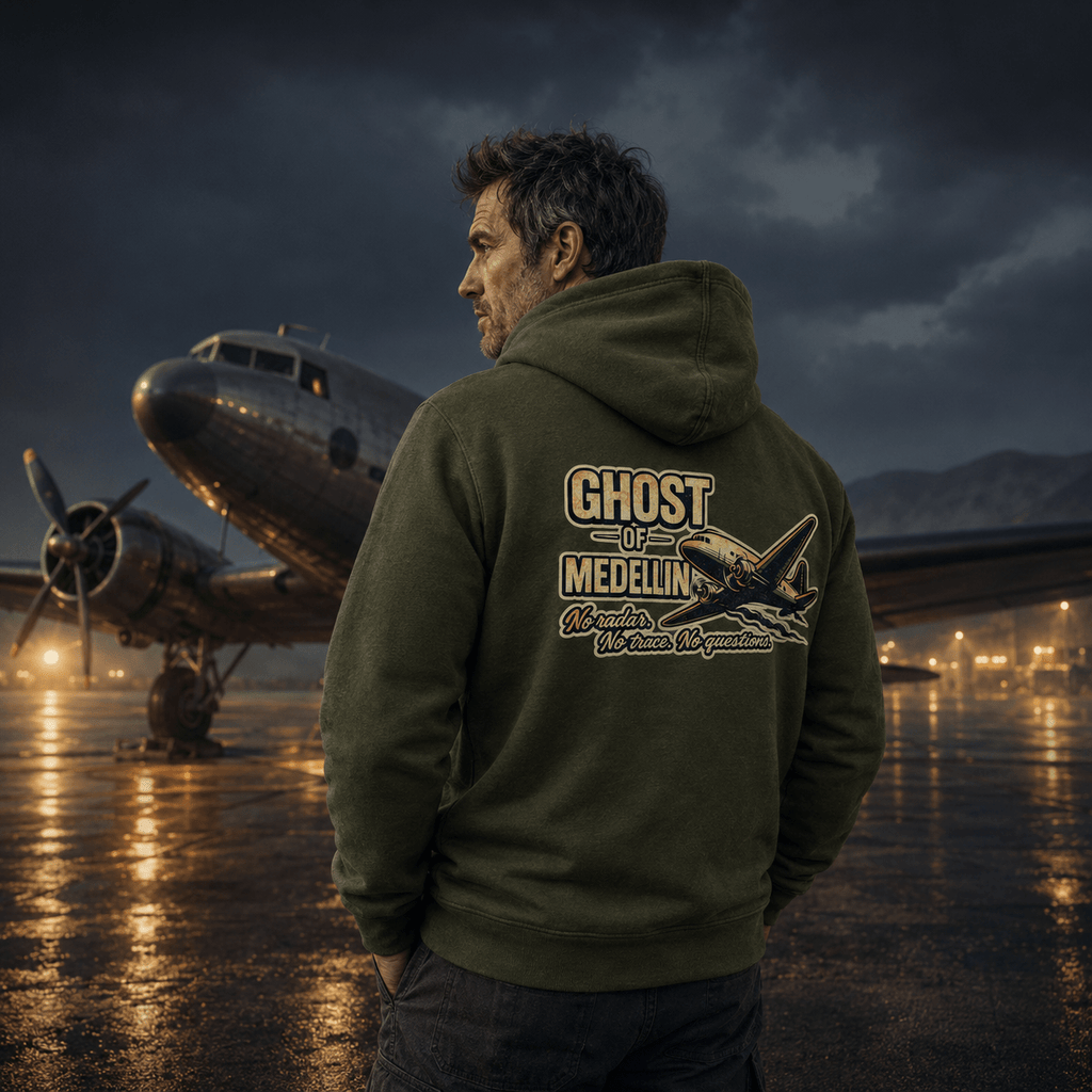 Man wearing a hoodie with 'Ghost of Medellin' design standing in front of an airplane on a runway.