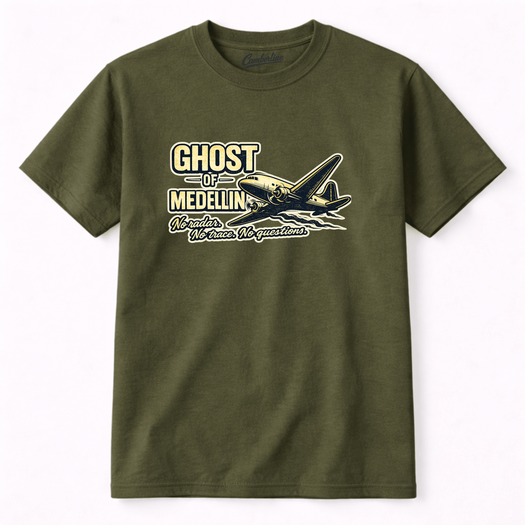 Green t-shirt with airplane graphic and text on a white background