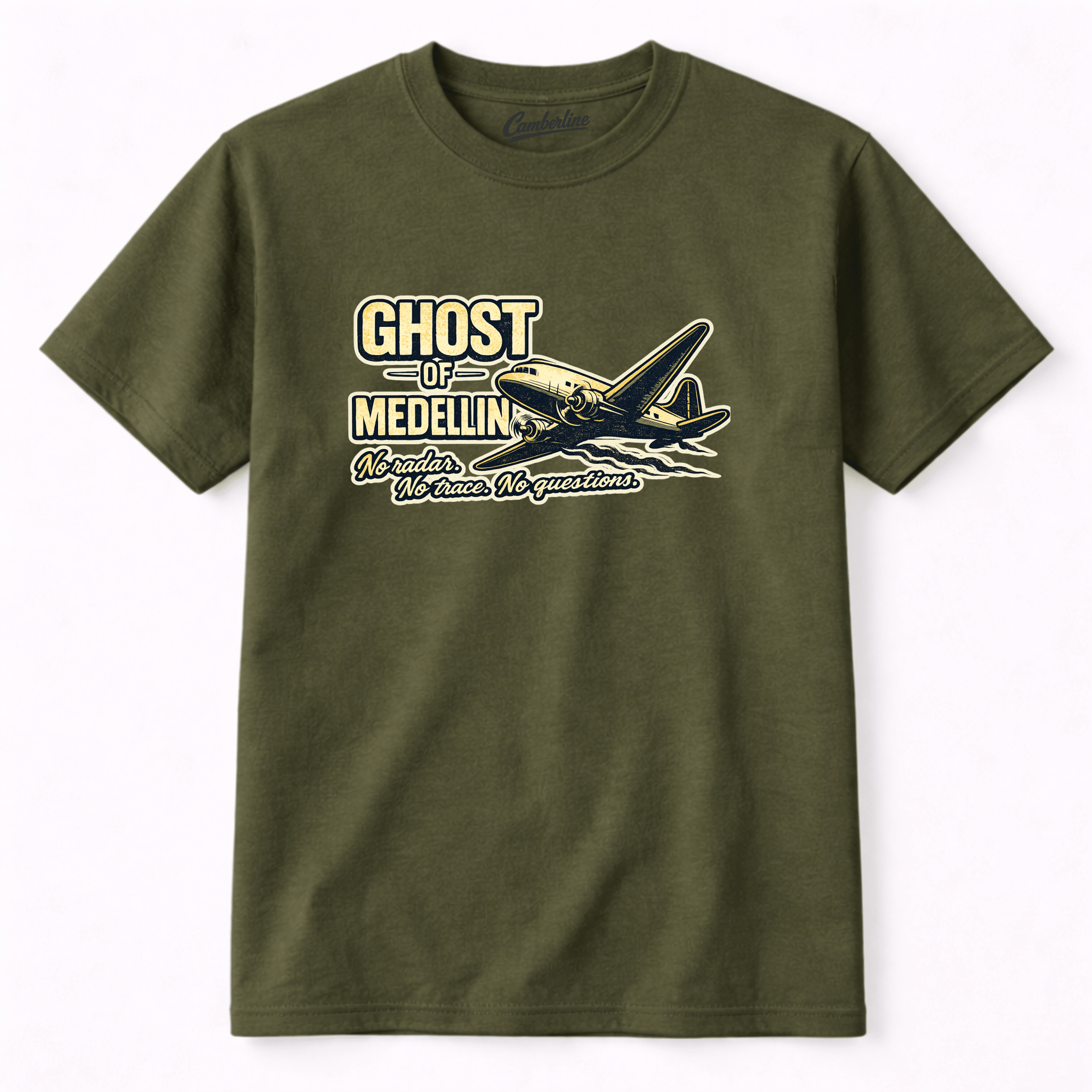 Green t-shirt with airplane graphic and text on a white background