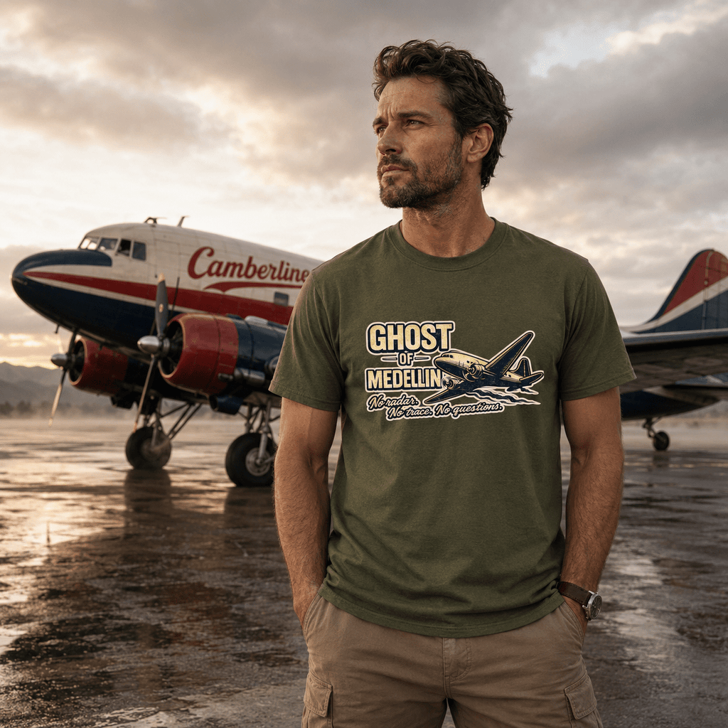 Man wearing a green t-shirt with an airplane graphic and text, standing in front of vintage airplanes on a runway.