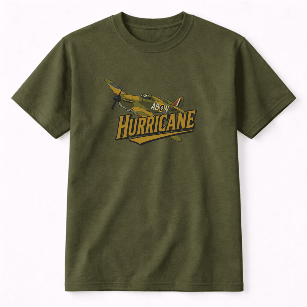 A green t-shirt with 'Hurricane' design in front of a vintage airplane.