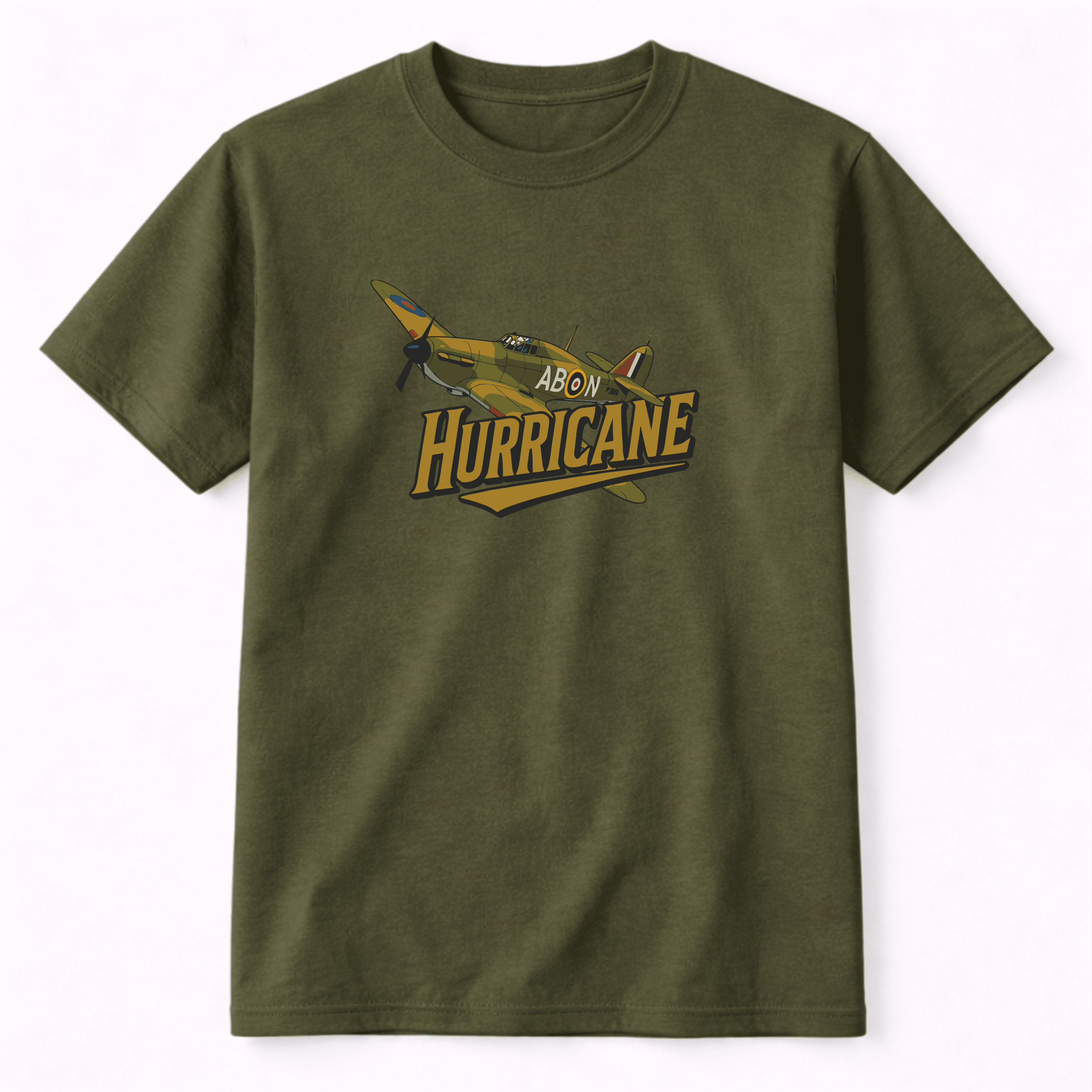 A green t-shirt with 'Hurricane' design in front of a vintage airplane.