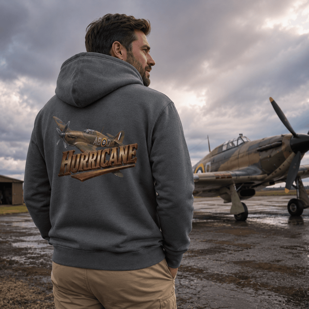 Man wearing a hoodie with 'Hurricane' branding in front of an airplane on a cloudy day.