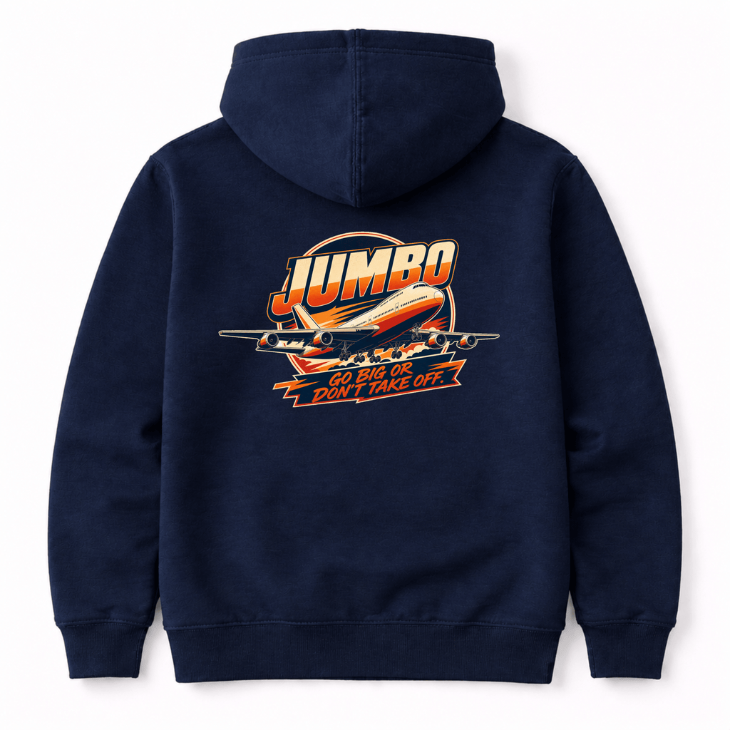 Navy blue hoodie with 'Jumbo' graphic design on the back against a white background