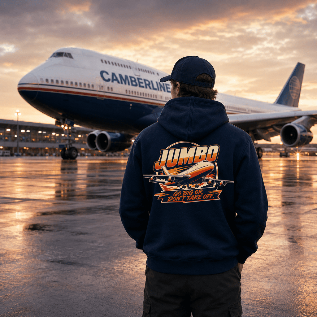 Person wearing a hoodie with 'Jumbo' design, facing a large airplane on a runway.